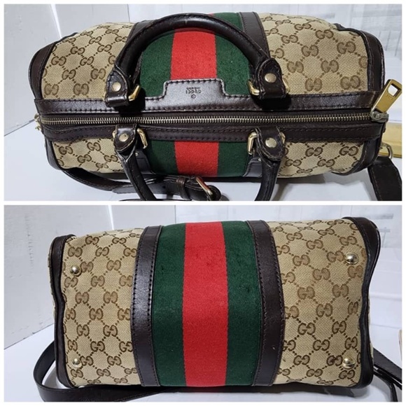 Authentic Gucci GG Canvas Leather Medium Vintage Web Boston Satchel Bag Brown/Be - Picture 6 of 16